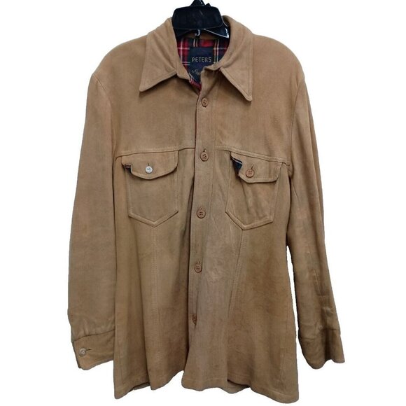 VTG Peters Mens Jacket Small Brown Suede Leather Shacket Flannel Lined Outdoor - Picture 1 of 7